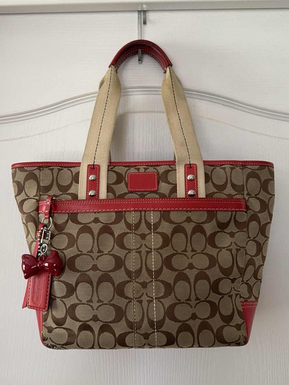 Coach Red Leather Signature Canvas Tote Bag
